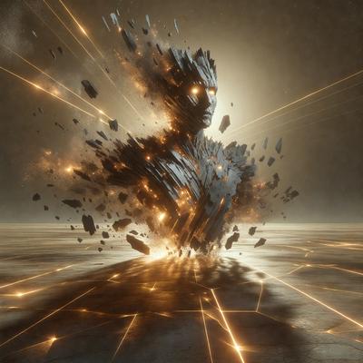 The primary subject of the image is a digital artwork featuring a person with a skull face. The setting is a dark, possibly futuristic environment. The visual style is a combination of digital art and illustration, creating a unique and intriguing scene. The dominant colors in the image are black, white, and orange, giving it a dramatic and intense atmosphere.